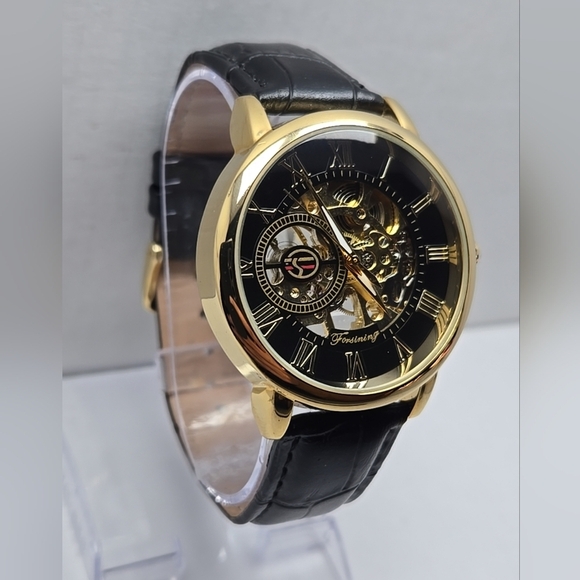 Mens Forsining Manual Wind Mechanical Watch Gold Tone Skeleton H099M 42mm - Picture 3 of 12